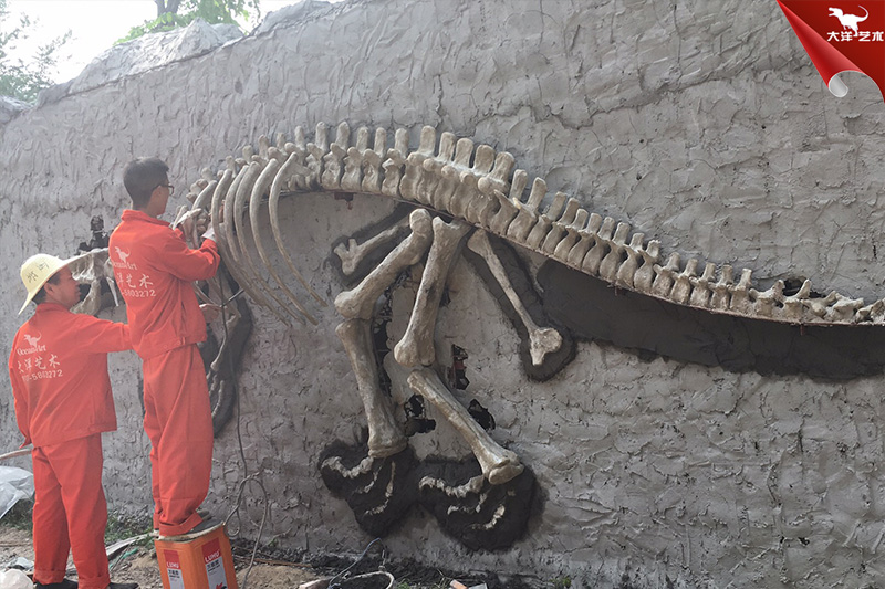 恐龙化石骨架，嵌入墙壁的恐龙化石挖掘模型